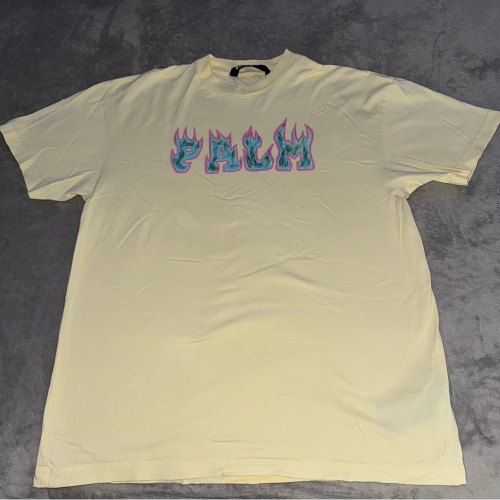 PALM ANGELS YELLOW LOGO FLAMES VINT COTTON TEE/T-SHIRT/SHORT SLEEVE